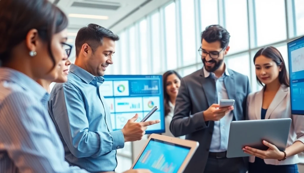 Engaged professionals analyzing enterprise search solutions in a modern corporate setting.