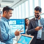 Engaged professionals analyzing enterprise search solutions in a modern corporate setting.