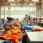 Clothing Suppliers China showcasing skilled artisans crafting quality shorts in a vibrant factory setting.