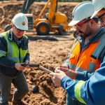 Engineers performing construction assessment testing at a construction site, analyzing soil samples.