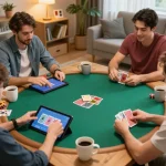 EE88 players strategizing in an online poker game at home, showcasing excitement and engagement.