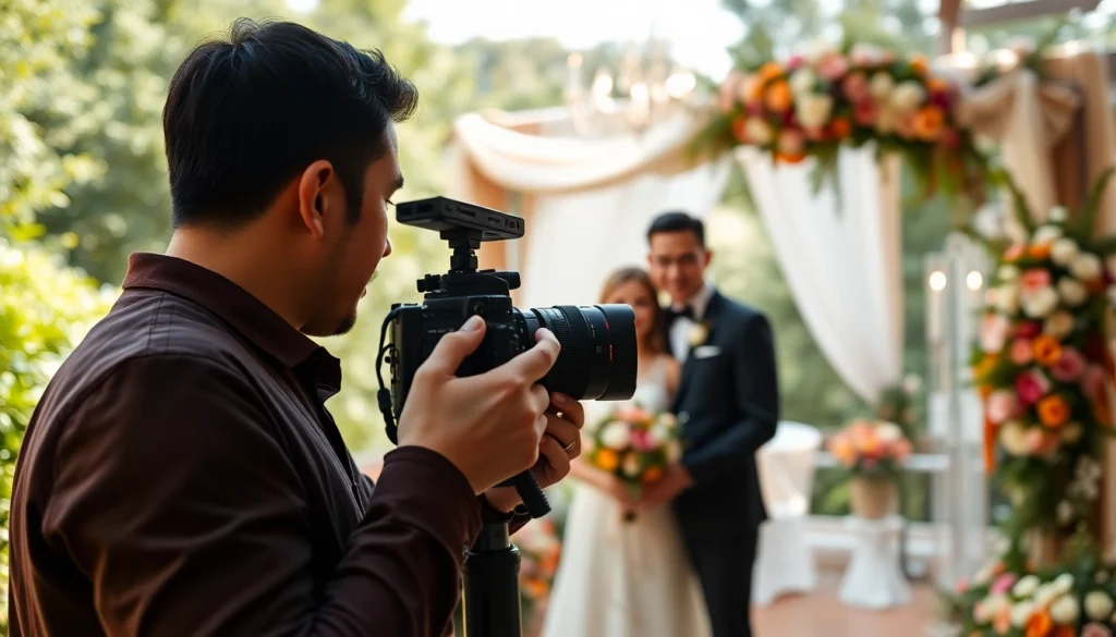 On-site videography team capturing a wedding event with a professional videographer in action.