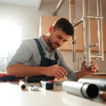 North Shore plumbing expert efficiently installing pipes in a modern kitchen.