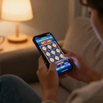 Excited gambler placing a slot kamboja bet 100 using a smartphone at home.