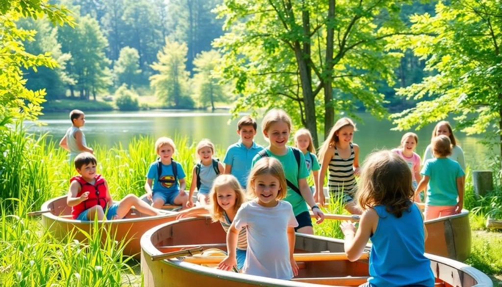 Children joyfully engaging in activities at a coed summer camp surrounded by nature.
