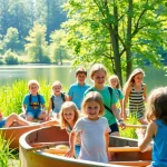 Children joyfully engaging in activities at a coed summer camp surrounded by nature.