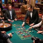Thabet players placing bets at an exhilarating roulette table in an upscale casino atmosphere