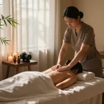Relaxing massage session with a therapist applying techniques, emphasizing 마사지 in a serene spa environment.