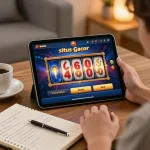 situs slot gacor gameplay on tablet set in a cozy home environment, emphasizing responsible gaming