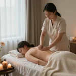 Indulge in 강남마사지 with a tranquil spa experience featuring a therapist applying oils.