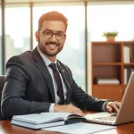 Depicting an Orlando Injury Lawyer in an office, showcasing determination and professionalism.
