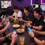 Engaging popotogel gaming scene with players enjoying online slots, vibrant atmosphere, diverse participants.
