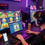 Player enjoying zeus138 online slots, surrounded by vibrant gaming elements and gadgets.