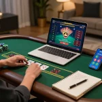 Engaging in blackjack gameplay on tg88 site with a laptop and smartphone in a cozy setup.