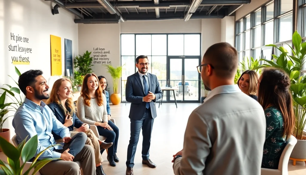 Engaging session with a business coach near me, inspiring diverse clients in a bright office space.