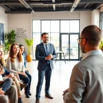 Engaging session with a business coach near me, inspiring diverse clients in a bright office space.