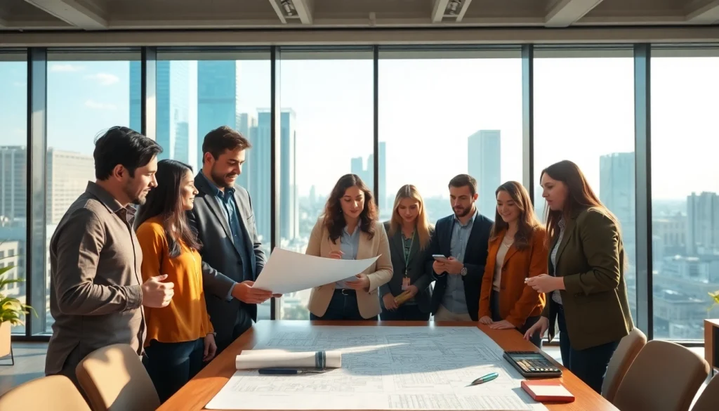 Construction association professionals collaborating on building plans at a modern office.