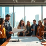 Construction association professionals collaborating on building plans at a modern office.