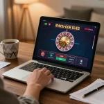 Engaged player at RR88 online casino, focusing on a live dealer roulette game on laptop.
