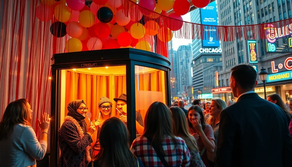 Guests enjoying the photo booth Chicago experience with vibrant decorations and fun props.