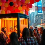 Guests enjoying the photo booth Chicago experience with vibrant decorations and fun props.