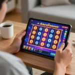 Engaged player enjoying slot gacor games on tablet while relaxing at home.