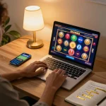 Engaged player enjoying 789win slots at home, showcasing online gambling strategies and ambiance.