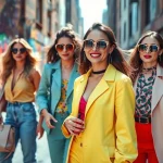 Fashion influencers showcasing vibrant styles in an urban setting.