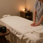부전동마사지 therapy room with a calming atmosphere and professional therapist preparing for a session
