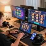 win678 player engaging in online gaming session with laptop and smartphone, showcasing exciting casino games