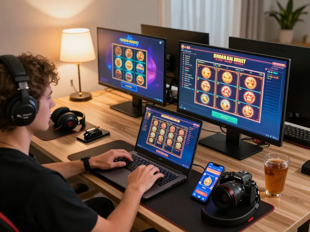 win678 player engaging in online gaming session with laptop and smartphone, showcasing exciting casino games