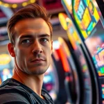 Menang di Slot77 dengan ekspresi bahagia dan mesin slot yang cerah.