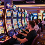 Players enjoying vibrant slot777 machines amid a lively casino atmosphere