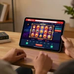 Engaging with RR88's online casino gaming platform on a tablet in a cozy home setting.