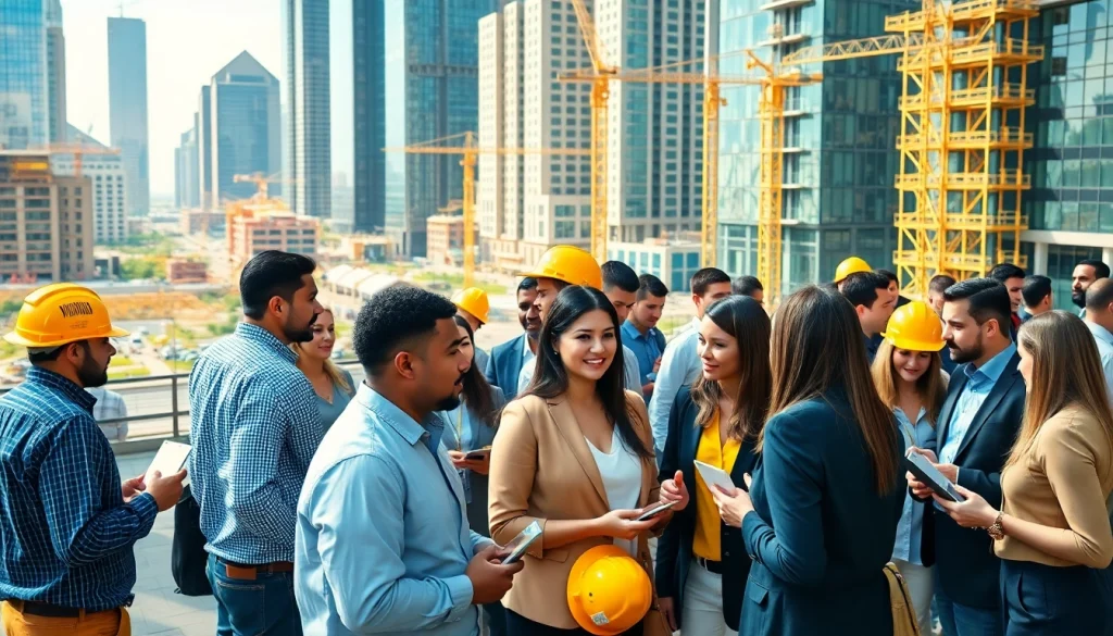 Engaging professionals at construction networking events exchanging ideas in an urban environment.