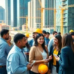 Engaging professionals at construction networking events exchanging ideas in an urban environment.