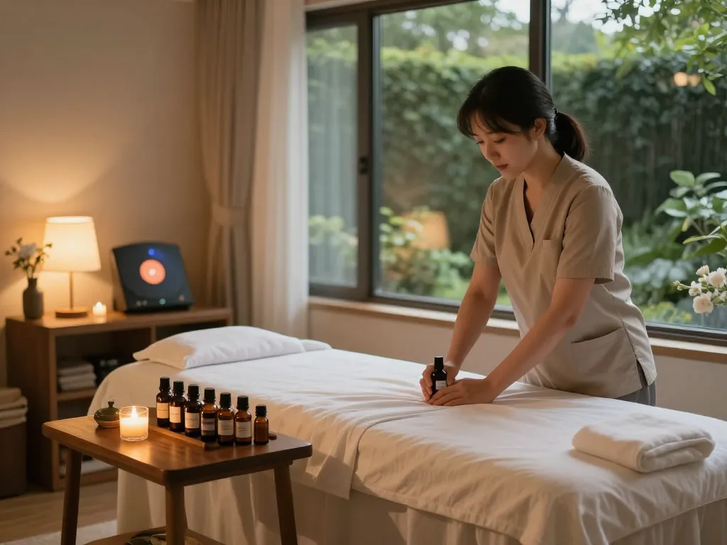 Rejuvenating 삼성동마사지 therapy room with calming ambiance and therapeutic oils.
