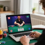 Engaging poker game featuring slot depo 4k on a laptop, capturing intense gameplay in a cozy home.