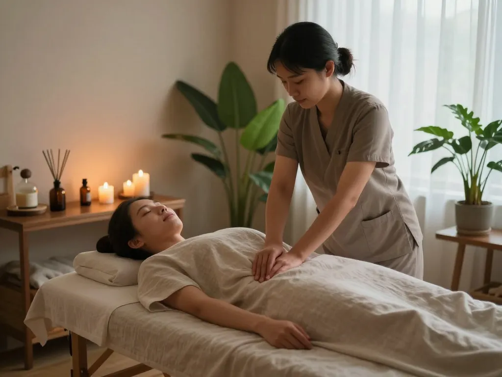 삼산동마사지 session in a tranquil spa with soothing atmosphere and calming elements.