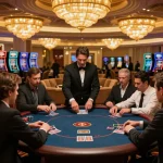 Engaged players at iwin sòng bạc thượng lưu in high-stakes poker game with dealer distributing cards.