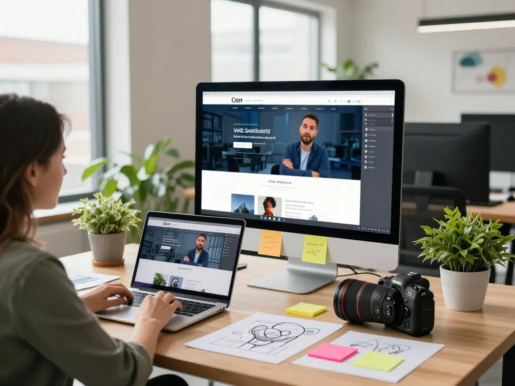 Freelance website designer near me collaborating with a client in a modern workspace.
