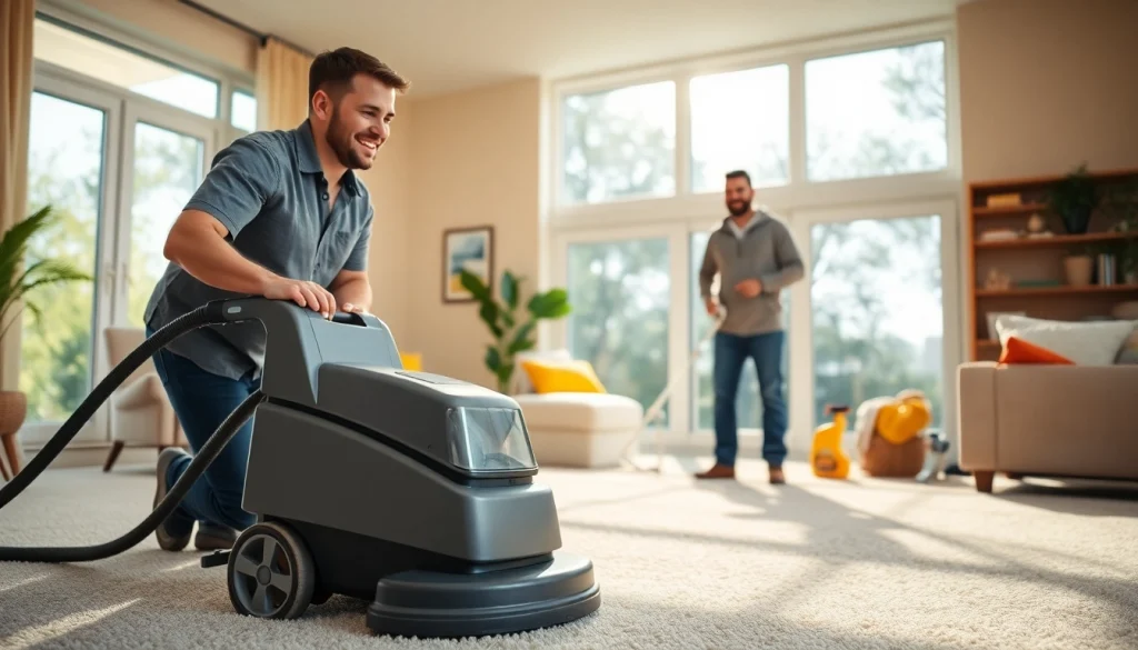 Technician providing the best carpet cleaning company service in a bright, clean home environment.