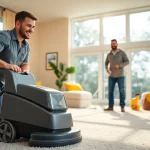 Technician providing the best carpet cleaning company service in a bright, clean home environment.