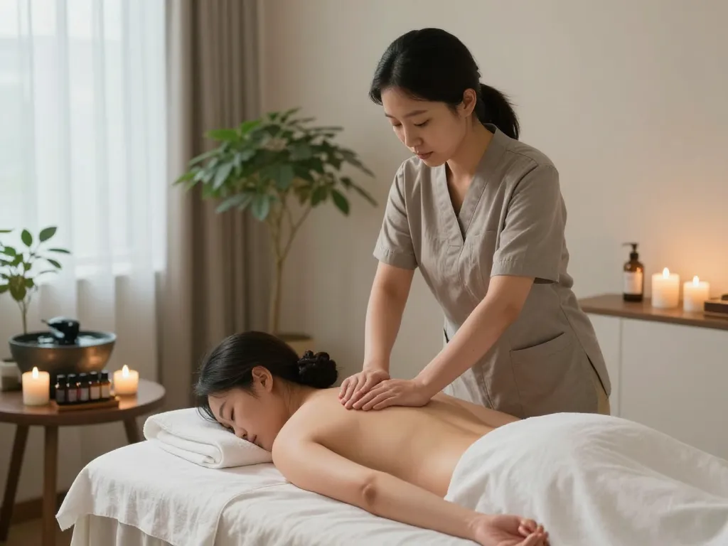 Relaxing 인계동마사지 scene in a serene therapy room, showcasing professional technique and calming decor.