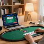 Player enjoying SC88 online poker with tablet in cozy home office, emphasizing strategic gaming