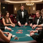 Players strategizing at a kim99 high-stakes poker table in a luxurious casino.