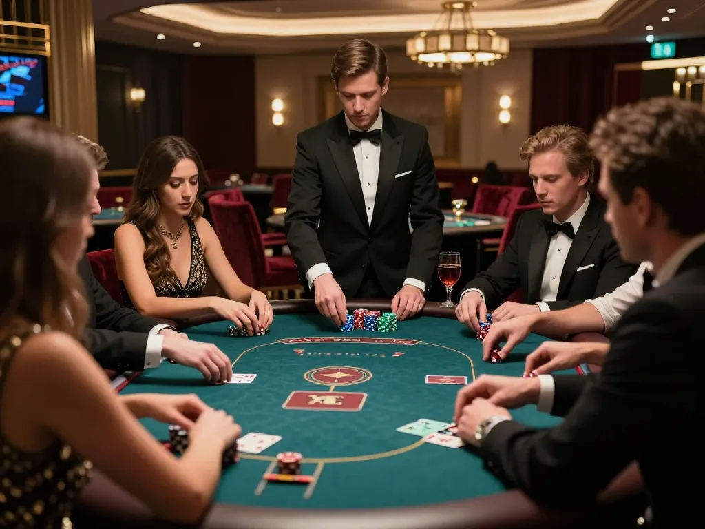 Players strategizing at a kim99 high-stakes poker table in a luxurious casino.