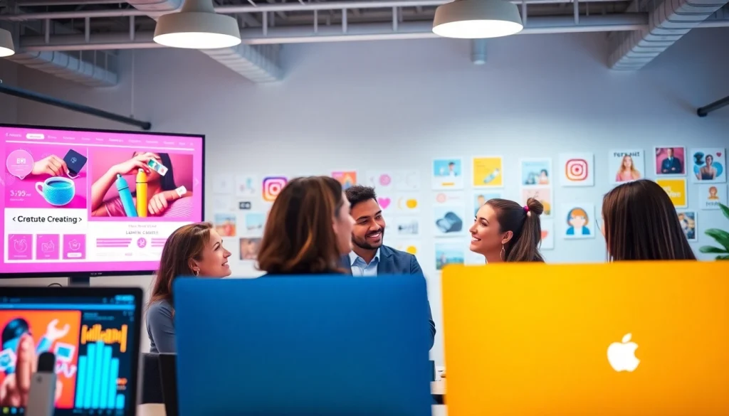 Designing Instagram advertising strategies with a diverse team in a modern office.