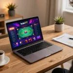 Suasana menarik dari judi online dengan antarmuka hoki77 di laptop, mempromosikan permainan yang strategis.