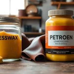 Compare Beeswax vs. Petroleum-based leather dressings showing beeswax and petroleum products.